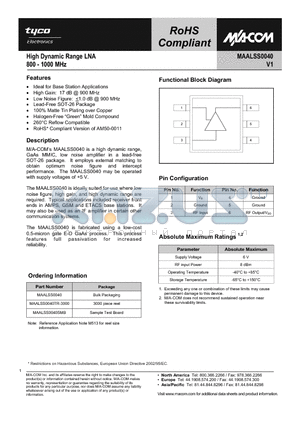 MAALSS0040SMB datasheet - High Dynamic Range LNA 800 - 1000 MHz