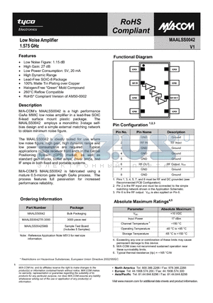 MAALSS0042TR-3000 datasheet - Low Noise Amplifier 1.575 GHz