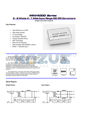MIW4025 datasheet - 5-6 Watts 4 : 1 Wide Input Range DC/DC Converters Single and Dual Outputs