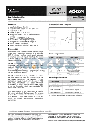 MAALSS0048PCS datasheet - Low Noise Amplifier 1400 - 2000 MHz