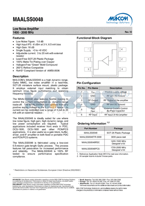 MAALSS0048TR-3000 datasheet - Low Noise Amplifier 1400 - 2000 MHz