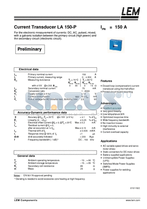 LA150-P datasheet - Current Transducer LA 150-P