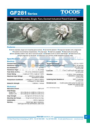 GF281G20SB103K datasheet - 28mm Diameter, Single-Turn, Cermet Industrial Panel Controls