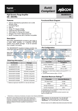 MAAM-000070-003SMB datasheet - High Dynamic Range Amplifier 250 - 3800 MHz