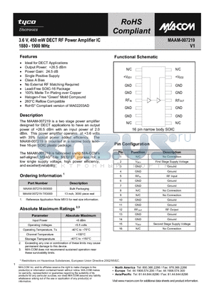 MAAM-007219 datasheet - 3.6 V, 450 mW DECT RF Power Amplifier IC 1880 - 1900 MHz
