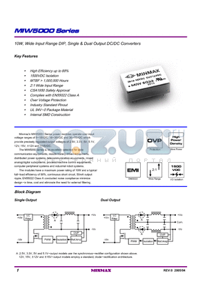 MIW5000 datasheet - 10W, Wide Input Range DIP, Single & Dual Output DC/DC Converters