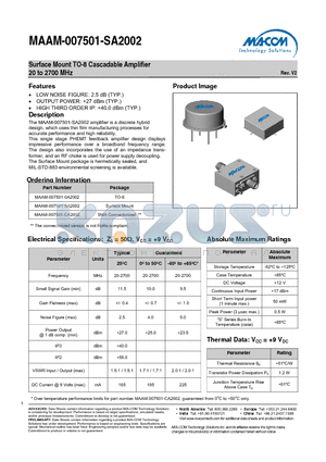 MAAM-007501-0A2002 datasheet - Surface Mount TO-8 Cascadable Amplifier 20 to 2700 MHz Rev. V2