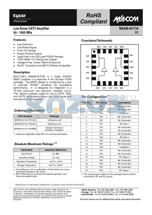 MAAM-007724-TR3000 datasheet - Low Noise CATV Amplifier 50 - 1005 MHz