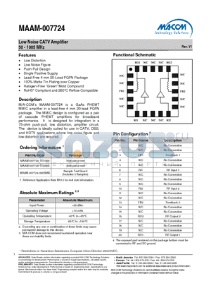 MAAM-007724-TR3000 datasheet - Low Noise CATV Amplifier 50 - 1005 MHz