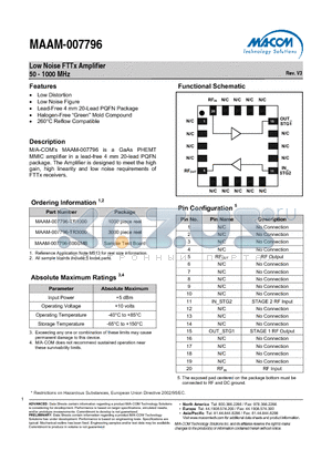 MAAM-007796-000SMB datasheet - Low Noise FTTx Amplifier 50 - 1000 MHz
