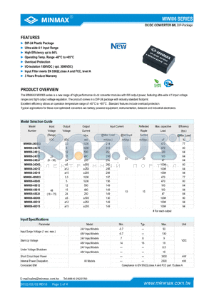 MIWI06-24D05 datasheet - DC/DC CONVERTER 6W, DIP-24 Plastic Package