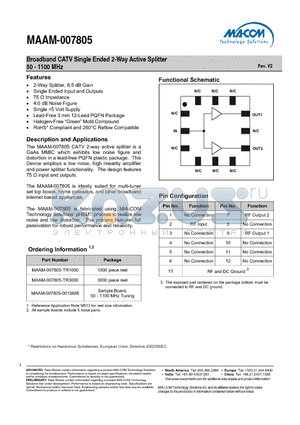 MAAM-007805 datasheet - Broadband CATV Single Ended 2-Way Active Splitter