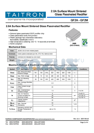 GF2J datasheet - 2.0A Surface Mount Sintered Glass Passivated Rectifier
