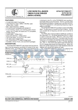 IDT54FCT88915TT100 datasheet - LOW SKEW PLL-BASED CMOS CLOCK DRIVER (WITH 3-STATE)