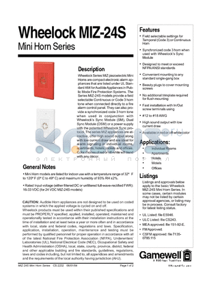 MIZ-24S-W datasheet - Wheelock MIZ-24S Mini Horn Series