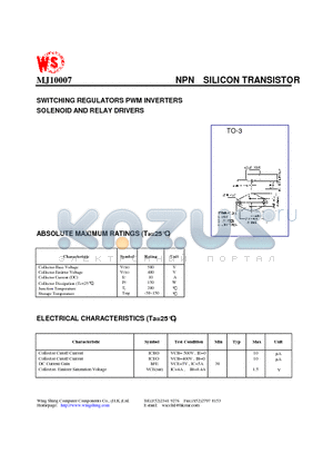 MJ10007 datasheet - NPN SILICON TRANSISTOR(SWITCHING REGULATORS PWM INVERTERS SOLENOID AND RELAY DRIVERS)