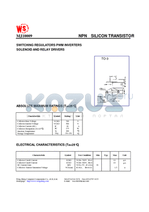 MJ10009 datasheet - NPN SILICON TRANSISTOR(SWITCHING REGULATORS PWM INVERTERS SOLENOID AND RELAY DRIVERS)