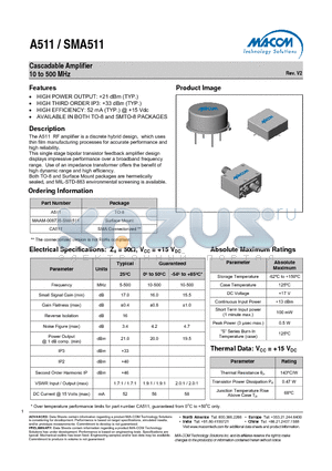 MAAM-008735-SMA511 datasheet - Cascadable Amplifier 10 to 500 MHz Rev. V2