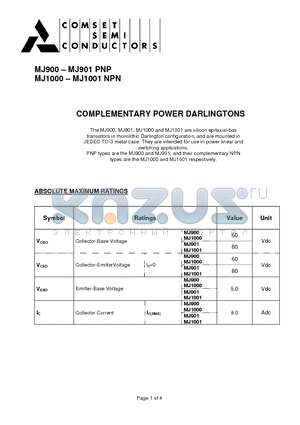 MJ1001 datasheet - COMPLEMENTARY POWER DARLINGTONS