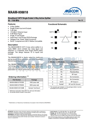 MAAM-008818-TR1000 datasheet - Broadband CATV Single Ended 2-Way Active Splitter 50 - 1100 MHz