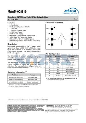 MAAM-008819-001SMB datasheet - Broadband CATV Single Ended 3-Way Active Splitter 50 - 1100 MHz