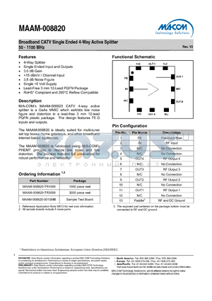 MAAM-008820-TR1000 datasheet - Broadband CATV Single Ended 4-Way Active Splitter 50 - 1100 MHz