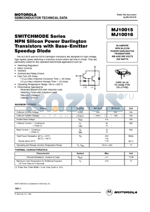 MJ10016 datasheet - 50 AMPERE NPN SILICON POWER DARLINGTON TRANSISTORS 400 AND 500 VOLTS 250 WATTS