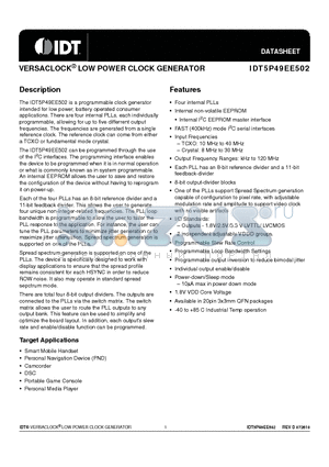 IDT5P49EE502 datasheet - VERSACLOCK^ LOW POWER CLOCK GENERATOR IDT5P49EE502