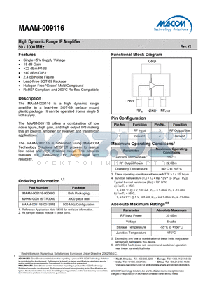 MAAM-009116-000000 datasheet - High Dynamic Range IF Amplifier 50 - 1000 MHz