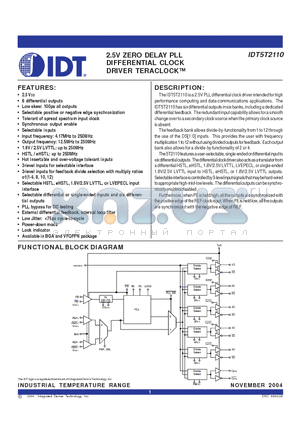 IDT5T2110NLGI datasheet - 2.5V ZERO DELAY PLL DIFFERENTIAL CLOCK DRIVER TERACLOCK
