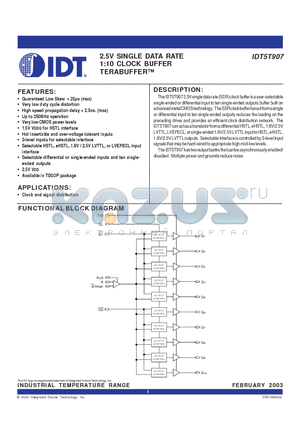 IDT5T907 datasheet - 2.5V SINGLE DATA RATE 1:10 CLOCK BUFFER TERABUFFER