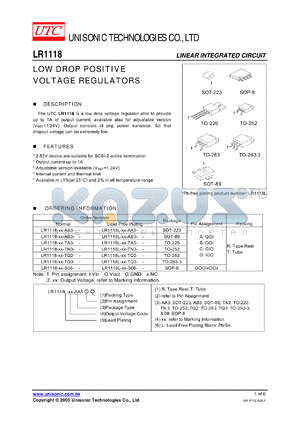 LR1118-18-AA3-B-T datasheet - LOW DROP POSITIVE VOLTAGE REGULATORS