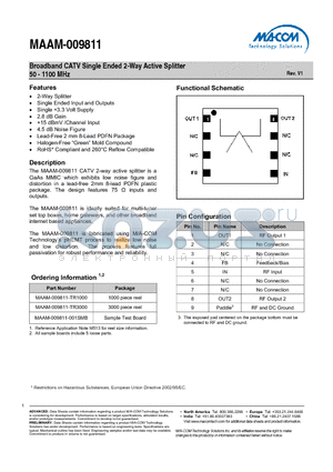 MAAM-009811-001SMB datasheet - Broadband CATV Single Ended 2-Way Active Splitter