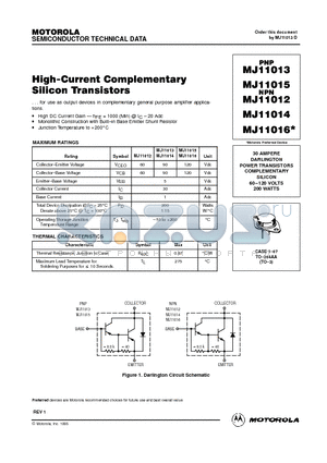 MJ11016 datasheet - DARLINGTON POWER TRANSISTORS COMPLEMENTARY SILICON