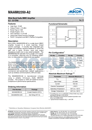 MAAM02350-A2 datasheet - Wide Band GaAs MMIC Amplifier 0.2 - 3.0 GHz