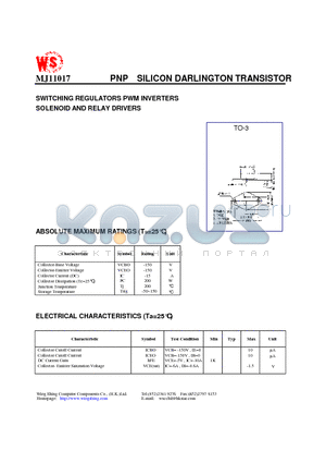 MJ11017 datasheet - PNP SILICON DARLINGTON TRANSISTOR(SWITCHING REGULATORS PWM INVERTERS SOLENOID AND RELAY DRIVERS)