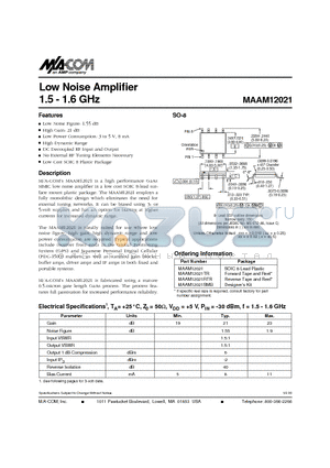 MAAM12021RTR datasheet - Low Noise Amplifier 1.5 - 1.6 GHz