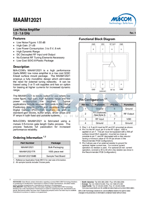 MAAM12021TR datasheet - Low Noise Amplifier 1.5 - 1.6 GHz