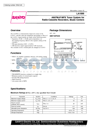 LA1806 datasheet - AM/FM-IF/MPX Tuner System for Radio-Cassette Recorders, Music Centers