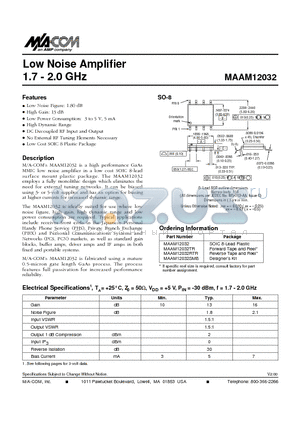 MAAM12032SMB datasheet - Low Noise Amplifier 1.7 - 2.0 GHz