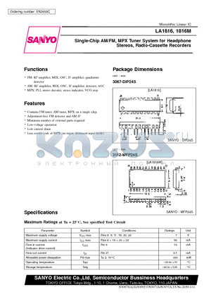 LA1816 datasheet - Single-Chip AM/FM, MPX Tuner System for Headphone Stereos, Radio-Cassette Recorders