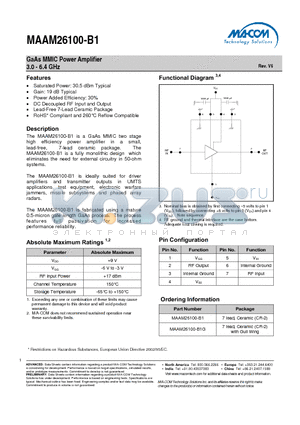 MAAM26100-B1G datasheet - GaAs MMIC Power Amplifier 3.0 - 6.4 GHz