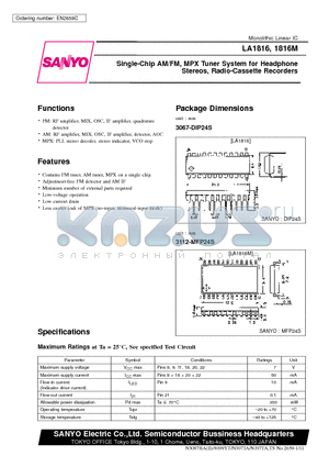 LA1816M datasheet - Single-Chip AM/FM, MPX Tuner System for Headphone Stereos, Radio-Cassette Recorders