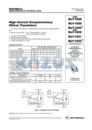 MJ11028 datasheet - 50 AMPERE COMPLEMENTARY SILICON DARLINGTON POWER TRANSISTORS 60.120 VOLTS 300 WATTS