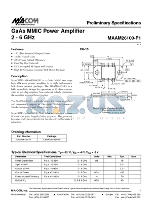 MAAM26100-P1 datasheet - GaAs MMIC Power Amplifier 2 - 6 GHz