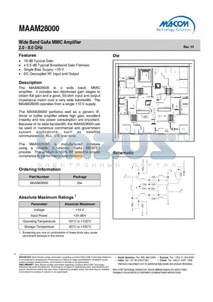 MAAM28000 datasheet - Wide Band GaAs MMIC Amplifier 2.0 - 8.0 GHz