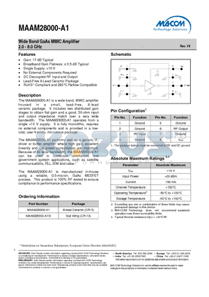 MAAM28000-A1 datasheet - Wide Band GaAs MMIC Amplifier 2.0 - 8.0 GHz