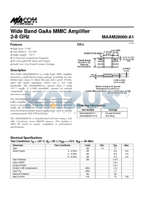 MAAM28000-A1 datasheet - Wide Band GaAs MMIC Amplifier 2-8 GHz