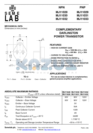 MJ11029 datasheet - COMPLEMENTARY DARLINGTON POWER TRANSISTOR