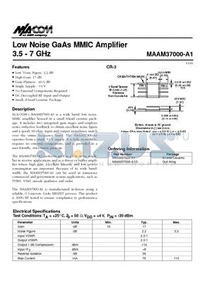 MAAM37000-A1G datasheet - L ow Noise GaAs MMIC Amplifier 3.5 - 7 GHz